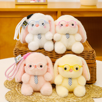 En gros Porte-clés lapin en peluche avec lunettes, cravate et longues oreilles, en coton PP, cadeau promotionnel