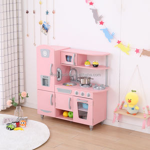 Cuisine de jeu d'imitation classique vintage en bois pour enfants avec machine à glaçons, téléphone, robinet, évier, brûleur et four - Rose - Product Image 1