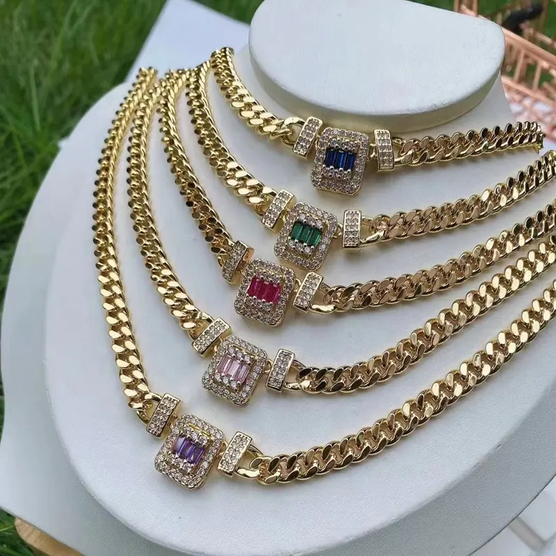 Hip Hop Cuban Chain Necklace High Quality Luxury Gold Plated Color Zircon Cuban Link Chain Necklace