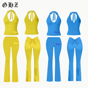 Produttori di Abbigliamento Femminile: Top Halter e Pantaloni a Zampa con Risvolto, Completi Stile Y2K, Abiti <span class=keywords><strong>Estivi</strong></span> con Fiocco per Donne - Product Image 1