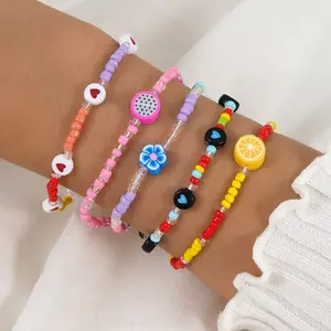 Insカラフルピース/セットレモンフラワー弾性ブレスレットポリマークレイアクリルガラスシードビーズブレスレット女性の女の子