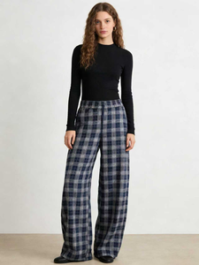 Pantalon décontracté à taille haute à carreaux, coupe ample style américain, infroissable et confortable à porter - Product Image 2