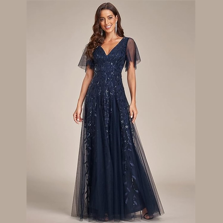 Classic Sage Green Leaves Embroidered Wedding Dress for Plus Size Guests - Sequined Detail, V-Neck, Floor-Length Style Classic Sage Green Leaves Embroidered Wedding Dress for Plus Size Guests - Sequined Detail, V-Neck, Floor-Length Style