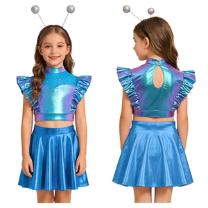 Conjunto de Disfraz Metálico de Alien para Niñas de 6 a 16 Años, Top Corto con Volantes y Falda en Línea A, para Fiestas Temáticas, Actuaciones en Escenario, Uso Diario Informal - Product Image 3