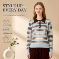 Lässiger, schicker, dünn gestreifter, gehäkelter Pullover mit Knopfleiste und langen Ärmeln für Damen – ideal für Herbst, Winter, Preppy- und College-Look sowie den Alltag