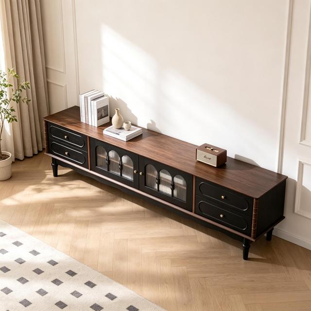 Black French Vintage TV Stand with Glass Doors & Storage Drawers, Wooden Living Room Media Console Entertainment Cabinet