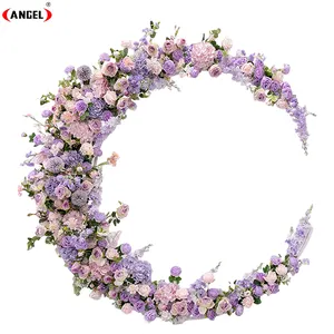 Moon Shape Wedding Decoration Arch With Simulation Handmade purple Pink Flower Row Kits Stage Live Photography Props