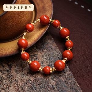 Bracelet extensible en agate rouge naturelle, grandes perles rondes avec intercalaires dorés, pour femmes, fournisseur en gros de bijoux - Product Image 4