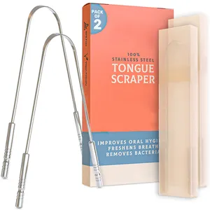 2包口臭治疗100% 不锈钢金属U形刮舌器旅行包装盒