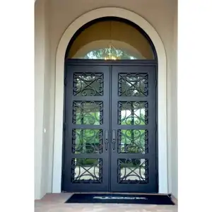 Custom Front Entry Metal Security Doors Design Residential Exterior Main Entrance French Double Glass Black Wrought Iron Door