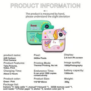 Appareil photo pour enfants sans fil HD avec impression de dessins animés, imprimante photo instantanée mini portable professionnelle, mémoire intégrée de 32 Go, écran de 2,4 pouces - Product Image 5
