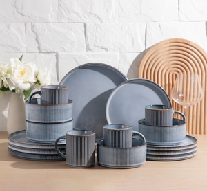 Factory Direct Custom Ribbed Stoneware <b>Dinner</b> <b>Set</b>, Mist Blue Vintage Ceramic Tableware Bulk Wholesale for Restaurant Hotel - Product Image 1