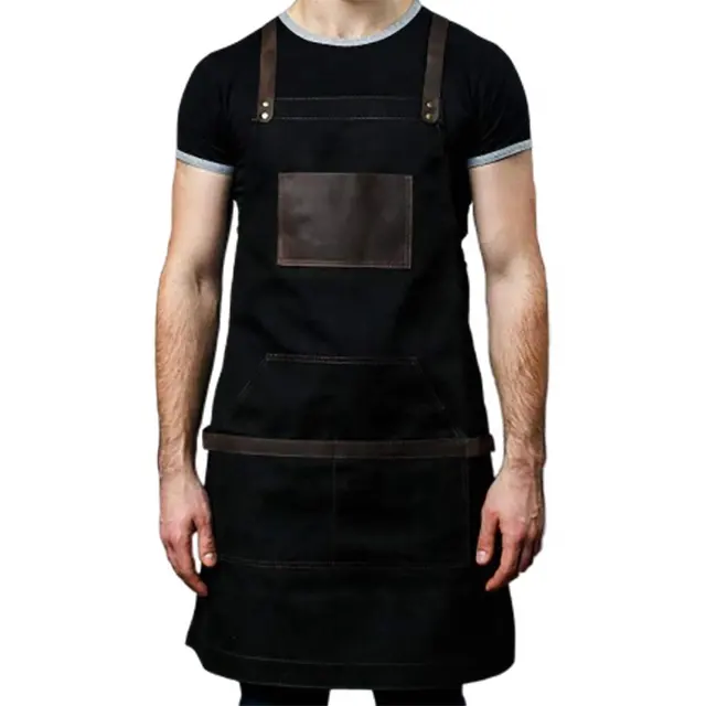 SunYue Working Apron Black Waxed Canvas with Cross Straps Adjustable For Men Women Vintage Heavy Duty Apron