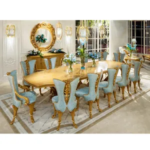 豪华意大利风格餐桌套装12座带椅子家用家具巴洛克雕刻餐厅家具