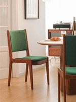 Chaise de salle à manger en bois massif de style vintage, dossier rembourré en lin scandinave, durable, écologique, design décontracté du milieu du siècle pour