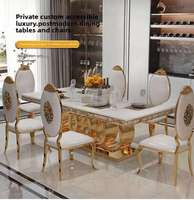 Table et chaises de salle à manger en marbre de luxe léger, plateau en marbre artificiel, acier inoxydable, table et chaises de salle à manger en marbre de luxe léger