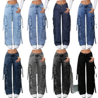 Jeans cargo pour femmes en gros, coupe baggy, taille haute, multi-poches, jambe large, en denim
