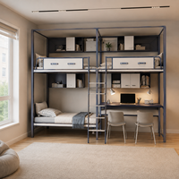 Lit superposé tout-en-un avec bureau double et armoire de rangement, lit d'étudiant à structure métallique pour dortoir universitaire