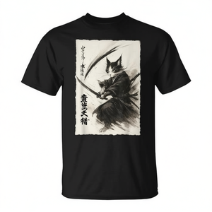 Samurai Cat Japanese Ukiyo E Warrior T-shirt graphique noir taille moyenne - Product Image 2