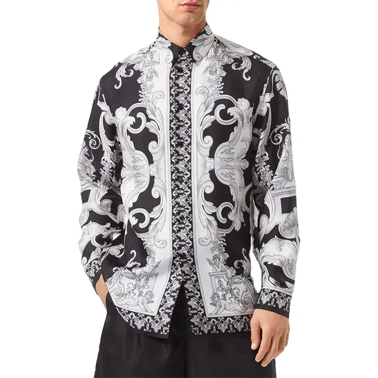 Custom Printing Luxury Long Sleeve Loose Fit Silk Twill Shirt Men