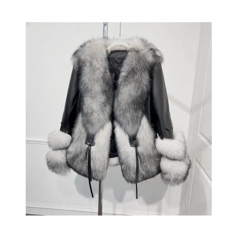 Hot Sales New Winter Dick Warm Daunen mantel Mode Luxus Echte Damen Damen Fox Pelz Schaffell Leder Leder mit Pelz jacken