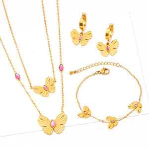 Moda irregular borboleta pérola Tassel colar aço inoxidável pulseira rosa diamante brincos Set