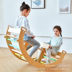 Caballito balancín de madera 2 en 1 con arco de escalada, estructura de juego interior para niños, unisex, equipo de ejercicio de madera maciza con forma geométrica - Product Image 2