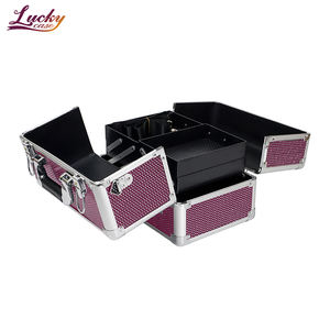 Estuche de maquillaje rojo <span class=keywords><strong>Solferino</strong></span> con 4 bandejas, organizador de maquillaje de PU brillante, estuche de tocador de belleza de aluminio personalizado con cristal - Product Image 4