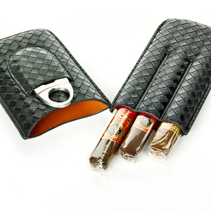 3 Finger Leather <b>Cigar</b> Pouch 3-Piece Rectangular Case with Cutter Modern Luxury Design Portable for Outdoor Use - Product Image 2