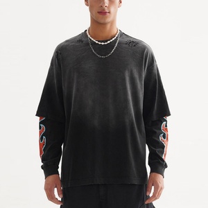 T-shirts pour hommes de haute qualité, 280 grammes, faux deux pièces, 100% coton, lavés, coupe ample, manches longues - Product Image 3