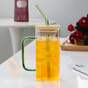 Offre Spéciale tasses à eau en verre borosilicaté de forme carrée pour café et thé au lait avec couvercle et <span class=keywords><strong>paille</strong></span> - Product Image 2