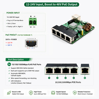 Module de commutation PoE Gigabit 5 ports, DC 12V-24V vers 48V, avec surtension, 10/100/1000 Mbps, carte PCBA de commutation PoE non gérée pour applications solaires et véhicules