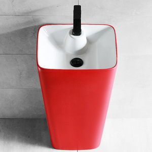 Red Pedestal Ceramic Bathroom Sink Rectangular Floor Standing <b>Single</b> Hole Glossy Finish - Product Image 2