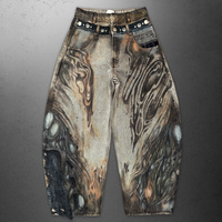Jeans baggy sur mesure en denim épais avec logo personnalisé, impression airbrush, patchs usés, couleur marron, longueur intégrale, plusieurs tailles