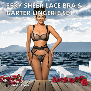 Sexy Transparente Spitzen-Satin-Bodysuits mit BH und Strumpfhalter Unterwäsche-Lingerie-Set für Damen - Product Image 2