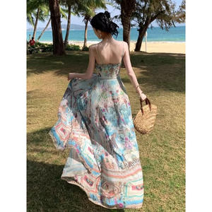 Vestido Bohemio con Tirantes y Cuello en V para Mujer, Largo hasta el Suelo, de Cintura Alta, Falda Acampanada, Transpirable, Floral, de Mezclilla/Crepé, Estilo Lápiz - Product Image 3