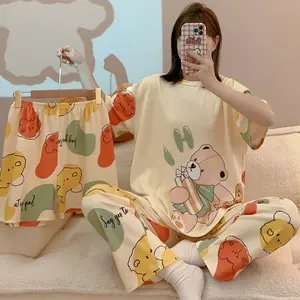 2024 QZK neu großhandel hohe qualität cartoon drei stück mädchen niedlich kurzärmelig günstig nachtwäsche pyjamas für damen set