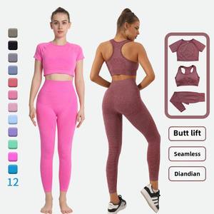 Tenue de sport imprimée à pois sans couture à la mode pour femmes <span class=keywords><strong>ensemble</strong></span> trois pièces XS/XL pantalons longs XS/XL soutien-gorge élastique Fitness Yoga manches courtes - Product Image 1