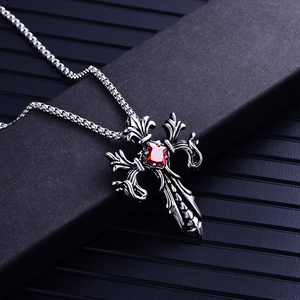 Collar gótico vintage para hombre con cruz, colgante <span class=keywords><strong>de</strong></span> crucifijo ornamentado con flor-<span class=keywords><strong>de</strong></span>-<span class=keywords><strong>lis</strong></span> y gemas rojas y negras, joyería hip hop para motociclistas. - Product Image 3
