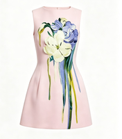 Großhandel Maßgeschneidertes Damen Einfarbiges Ärmelloses Rosa A-Linien-Minikleid mit Reißverschlüssen 3D-Blumenapplikation Tropfen-Stickerei für Cocktailpartys