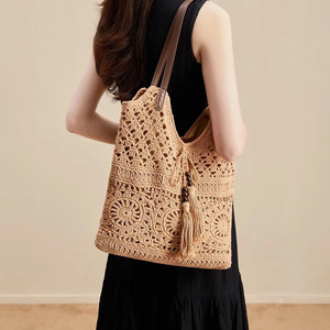 Nuevo Bolso Tote de Paja para Playa de Verano para Niñas, con Dos Asas, Casual, Duradero, con Cremallera, Estilo Bohemio, Hecho a Mano, con Flores Caladas, Gran Capacidad, Ecológico - Product Image 2