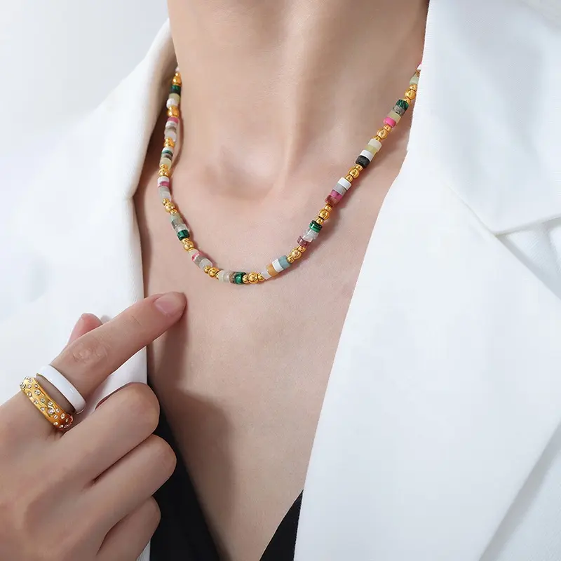 블로거 소녀 다채로운 천연석 페르시 목걸이 18K 골드 티타늄 스틸 비즈 목걸이