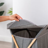 Panier à linge pliable en tissu cationique avec cadre en bambou de style nordique écologique en forme de X, avec couvercle