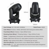 Projecteur LED 300W BSW 3-en-1 à tête mobile RGBW Beam (3.7-35) Stroboscope DMX512 IP20 CRI 90 avec prisme en aluminium et roues Gobo pour éclairage de scène de mariage