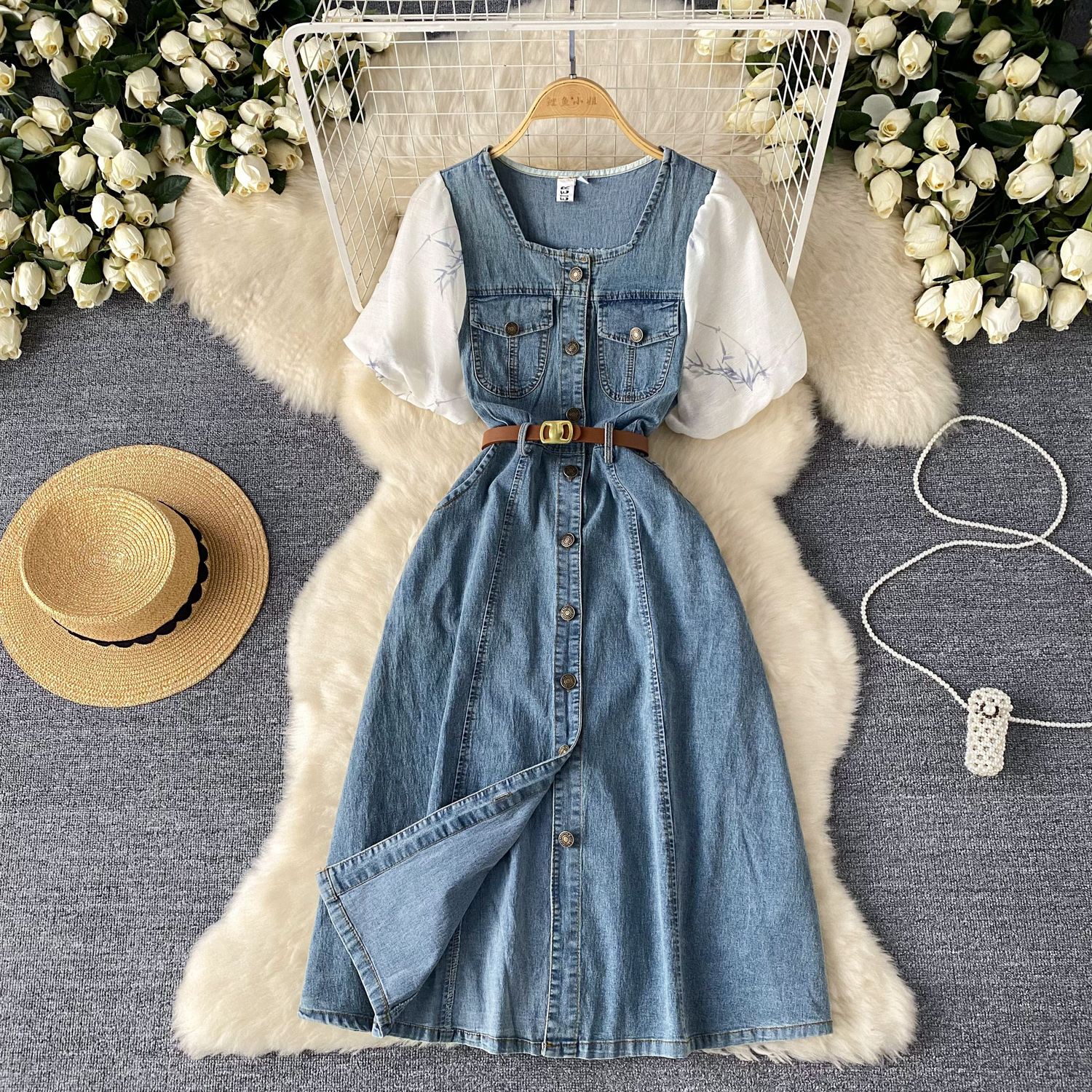 Wholesale Ladies Boutique Dresseses Women Factory Direct Square Collar  Short Sleeve Denim Splicing Denim Dress Lady| Alibaba.com