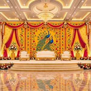 Beautiful Peacock Wedding Stage <b>Backdrop</b> for Haldi Ceremony & Sangeet Wedding Event <b>Backdrop</b> Decor Curtains Drapes USA - Product Image 1