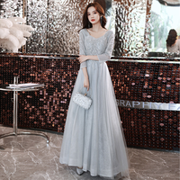 Robe de soirée scintillante rose poudré, coupe trapèze, col en V, manches longues, en tulle pailleté, robe de bal de luxe, Vestido De Gala Elegante