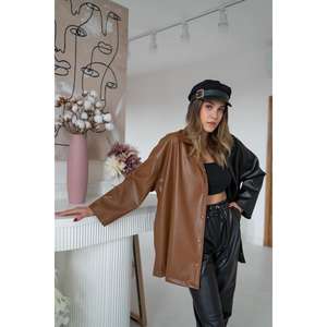 Women's Boxy Contrast Color Leather Shirt Black Button <b>Down</b> Outwear Style - Product Image 3