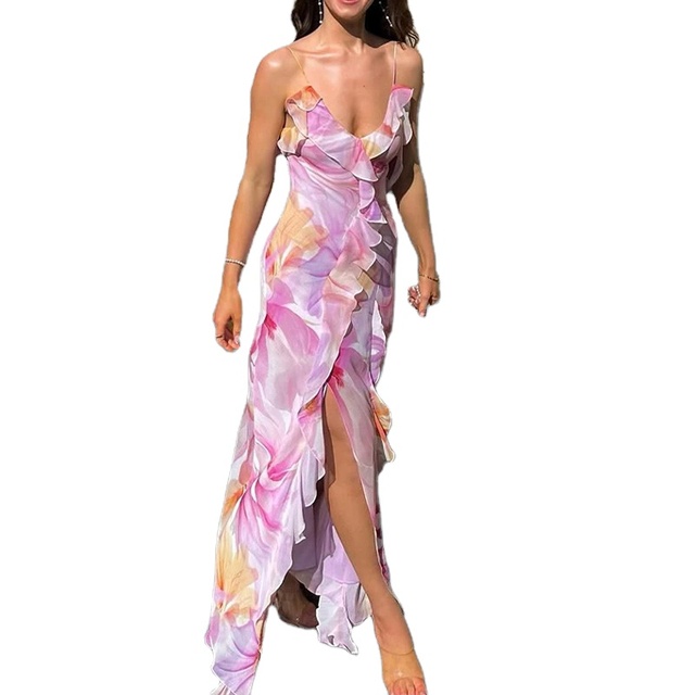Lady Floral V Neck Maxi Dress Ruffled High Slit Spaghetti Strap Asymmetrical Hem French Romantic Vacation Elegant Gown