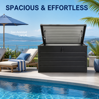 Grande boîte de rangement extérieure en acier avec vérins à gaz et serrure - Boîte de rangement de jardin résistante aux intempéries pour coussins, outils et accessoires de piscine